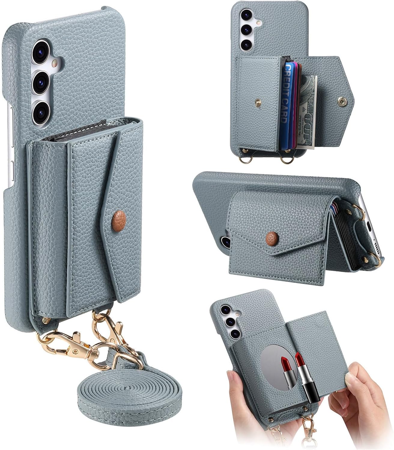 iTape Card Holder Wallet Phone Case for Samsung Galaxy A54 5G, Shockproof Ultra-thin Phone Case, Makeup Mirror with Crossbody Strap Brown