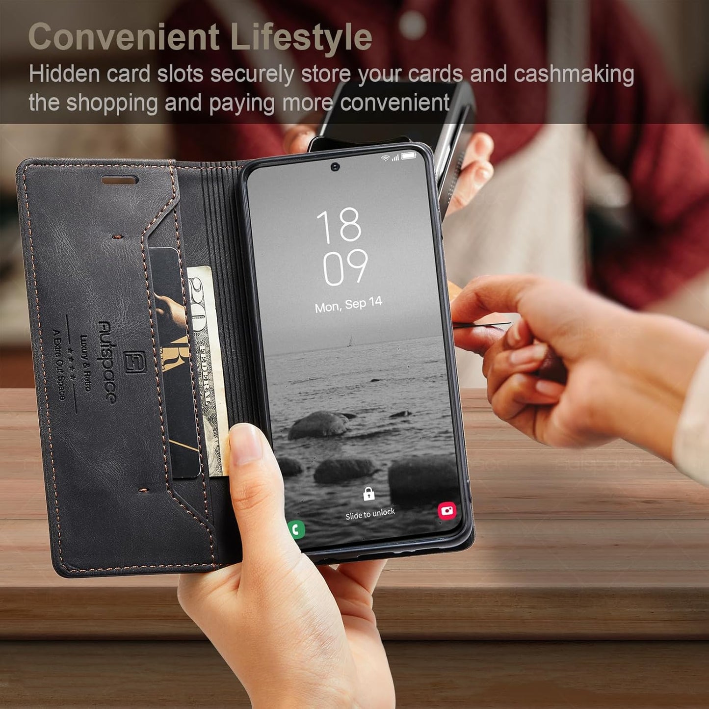 iTape Retro frosted soft leather mobile phone case for Samsung Galaxy S24, RFID (anti-theft swipe), wallet card slot flip cover stand, Green