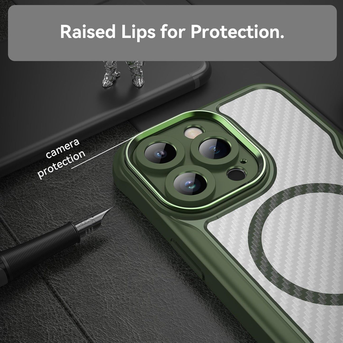 Magnetic carbon fibre case for iPhone 14 Pro max, support wireless charging, carbon fibre shockproof slim case Green