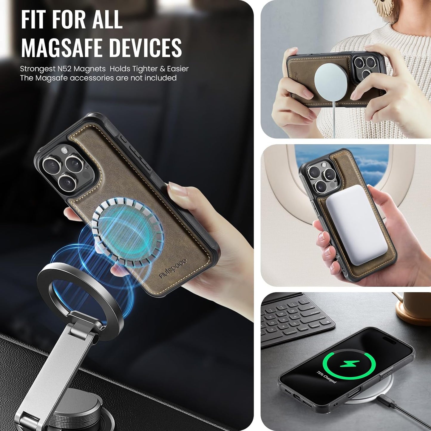 Double magnetic card holder mobile phone case for iPhone 16 Pro, RFID (anti-theft), supports car magnetic suction function + multi-directional bracket Blue