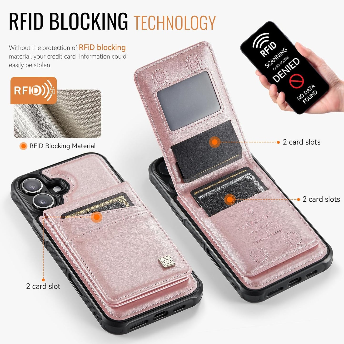 Up and down card holder mobile phone case suitable for iPhone 16 Plus, RFID (anti-theft), supports car magnetic suction function, card slot wallet holder Brown