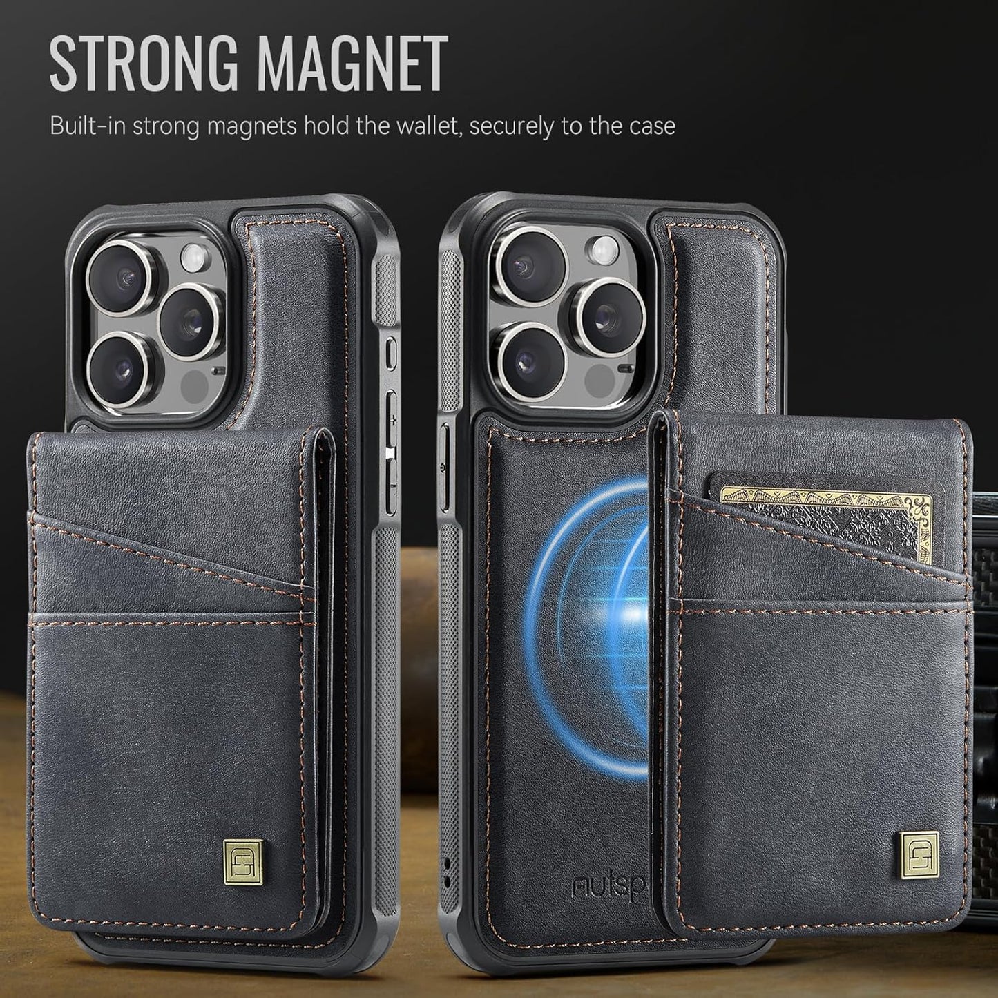 Up and down card holder mobile phone case suitable for iPhone 14 Pro max, RFID (anti-theft), supports car magnetic suction function, card slot wallet holder Black