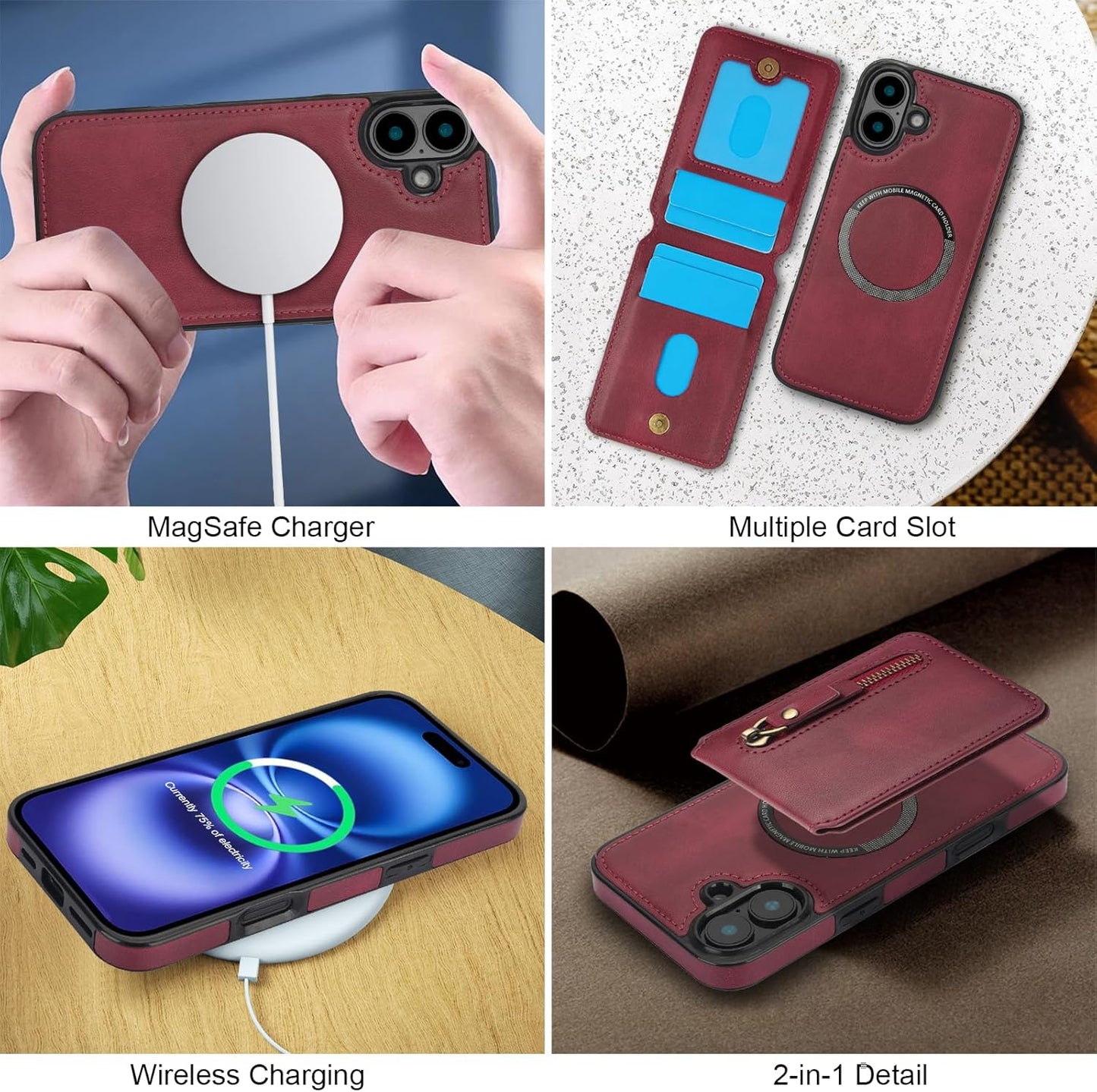 Magnetic card holder phone case suitable for iPhone 16, zipper magnetic split magnetic wallet with adjustable bracket Red