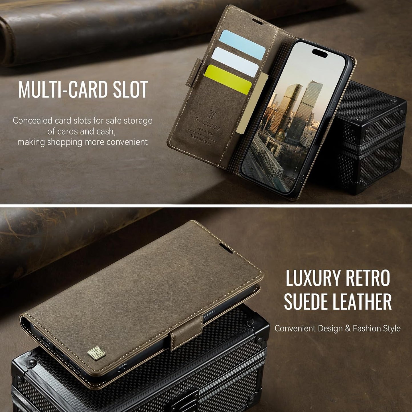 Soft leather wallet case for iPhone 15 Pro max, RFID (anti-theft), wallet card slot flip cover stand for iPhone 15 Pro max Support wireless charging Rose Gold