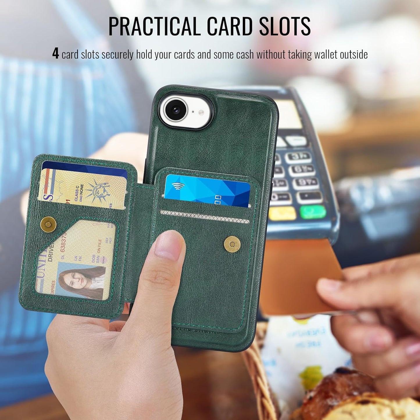 Magnetic Leather Phone Case for iPhone 16E, (RFID) Card Slot Wallet Flip Folding Stand, Wireless Charging Phone Case for iPhone 16E(RFID) Green