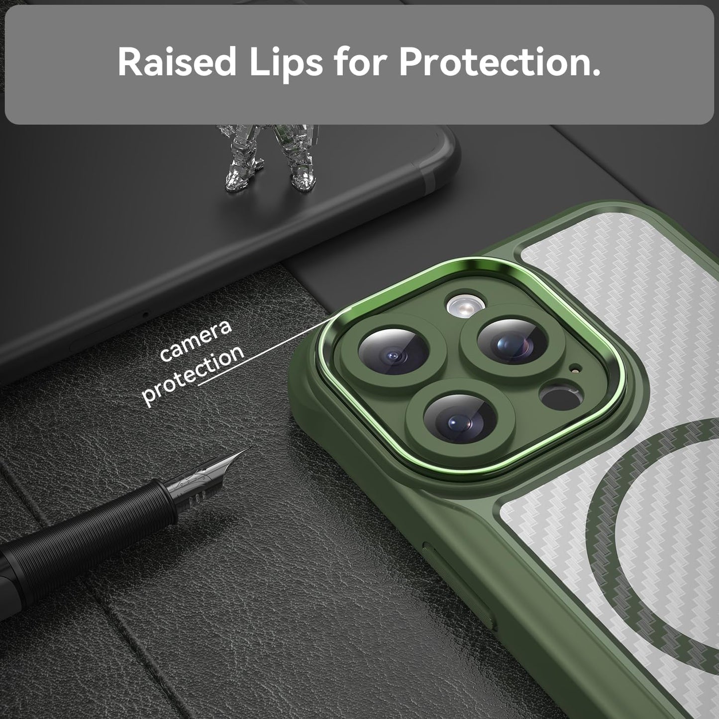 Magnetic carbon fibre case for iPhone 15 Pro max, support wireless charging, carbon fibre shockproof slim case Green