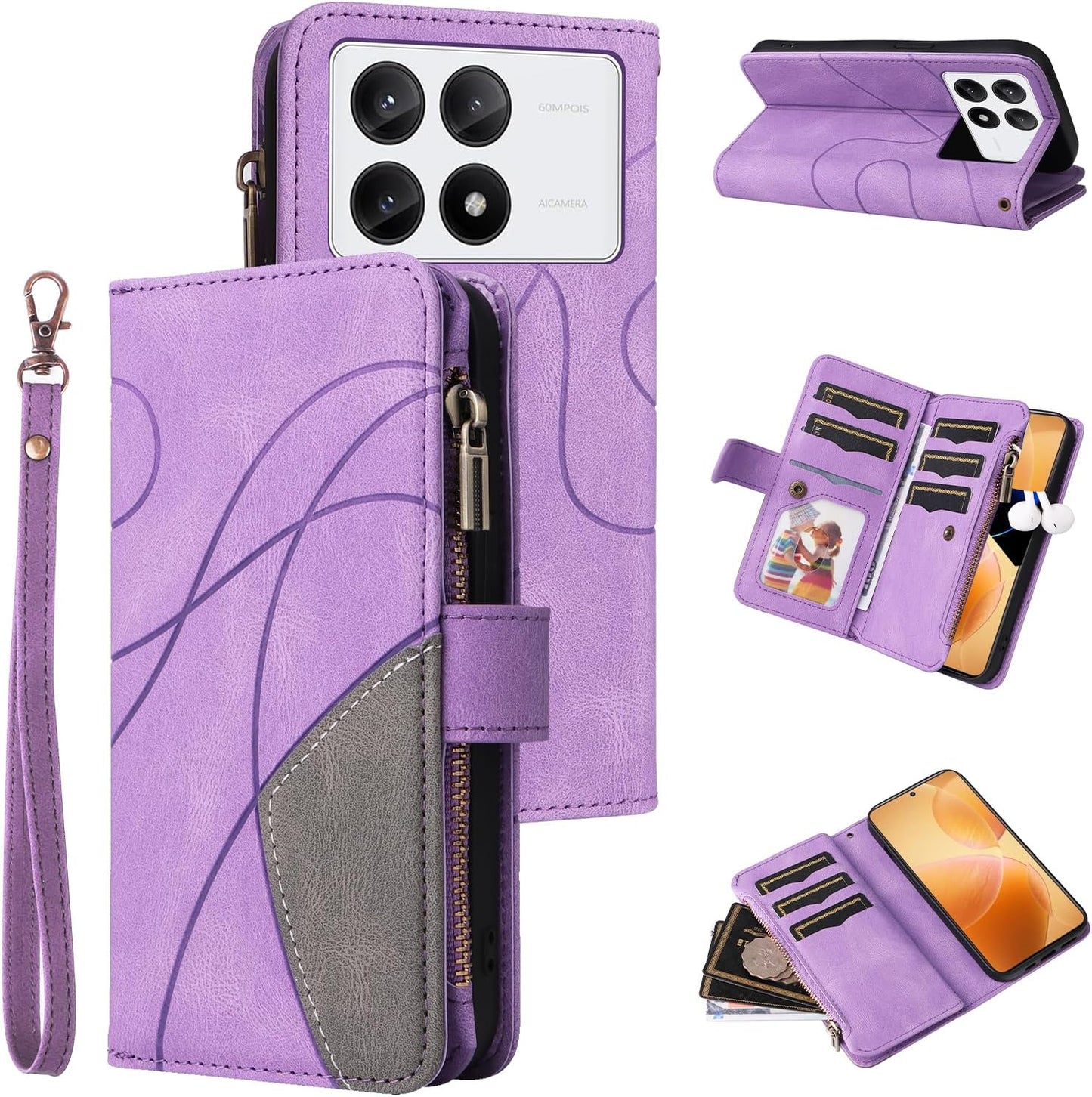 iTape 9 Card Slots Phone Case for Xiaomi POCO X6 PRO 5G, Zipper Wallet, Dual Color Stitching Color Flip Stand Card Slots Cash Clip Shockproof, Wrist Strap Black