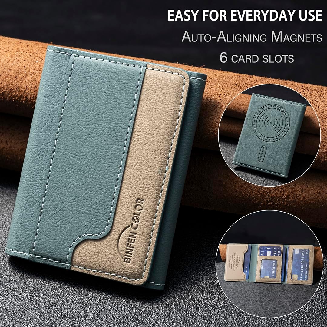 iTape Leather Magnetic Phone Wallet Compatible with Various Phone Models Android and iOS, Colorblock Horizontal Magnetic Card Holder Ultra-thin Wallet Card Holder Flip Stand Green