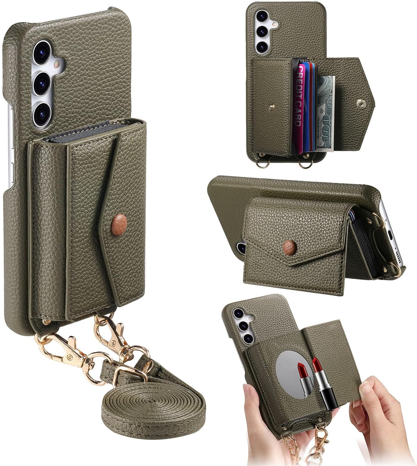 iTape Card Holder Wallet Phone Case for Samsung Galaxy A55, Shockproof Ultra-thin Phone Case, Makeup Mirror with Crossbody Strap Pink