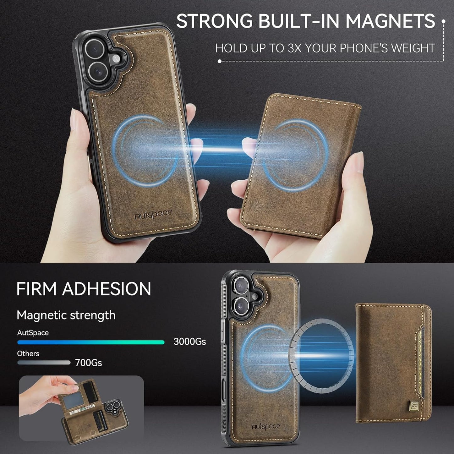 Double magnetic card holder mobile phone case for iPhone 16, RFID (anti-theft), supports car magnetic suction function + multi-directional bracket Blue