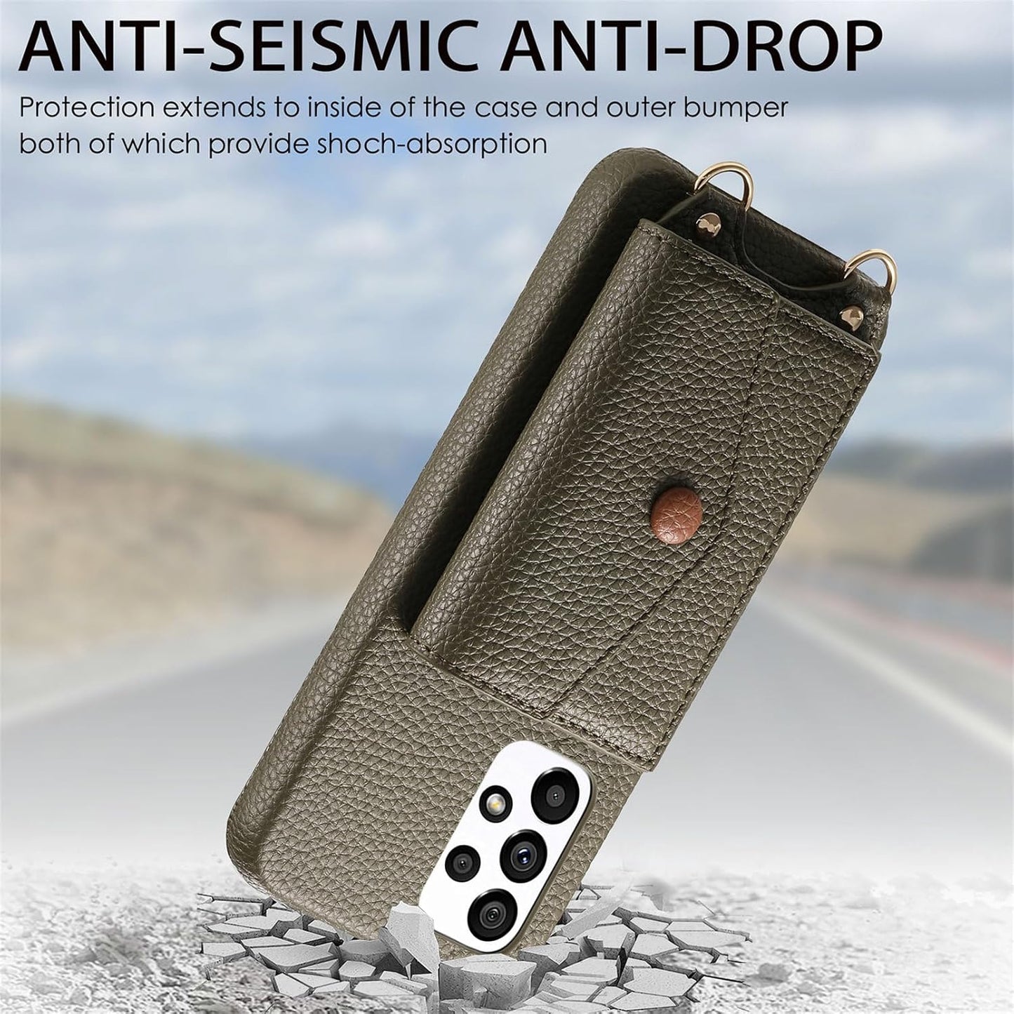 iTape Card Holder Wallet Phone Case for Samsung Galaxy A53 5G, Shockproof Ultra-thin Phone Case, Makeup Mirror with Crossbody Strap Gray