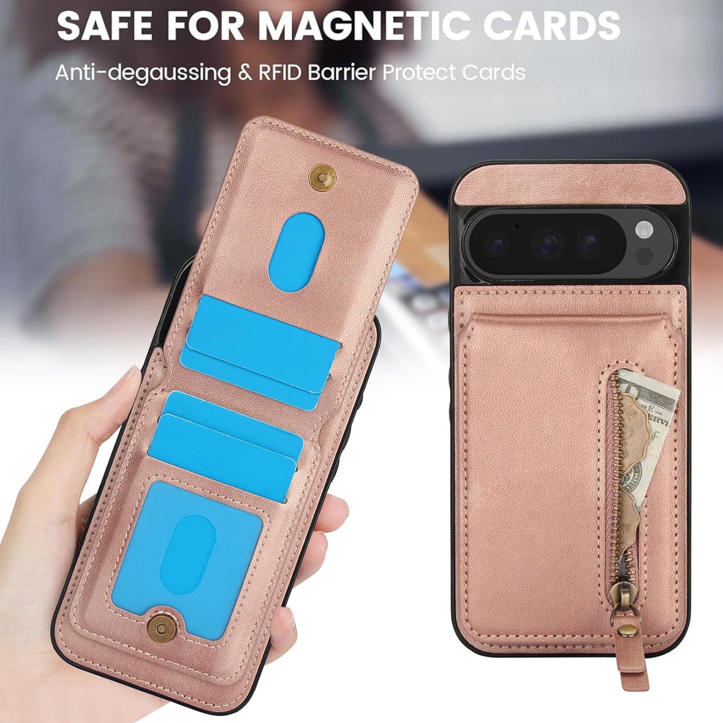 iTape Magnetic card holder phone case suitable for Google Pixel 9, zipper magnetic split magnetic wallet with adjustable bracket Purple