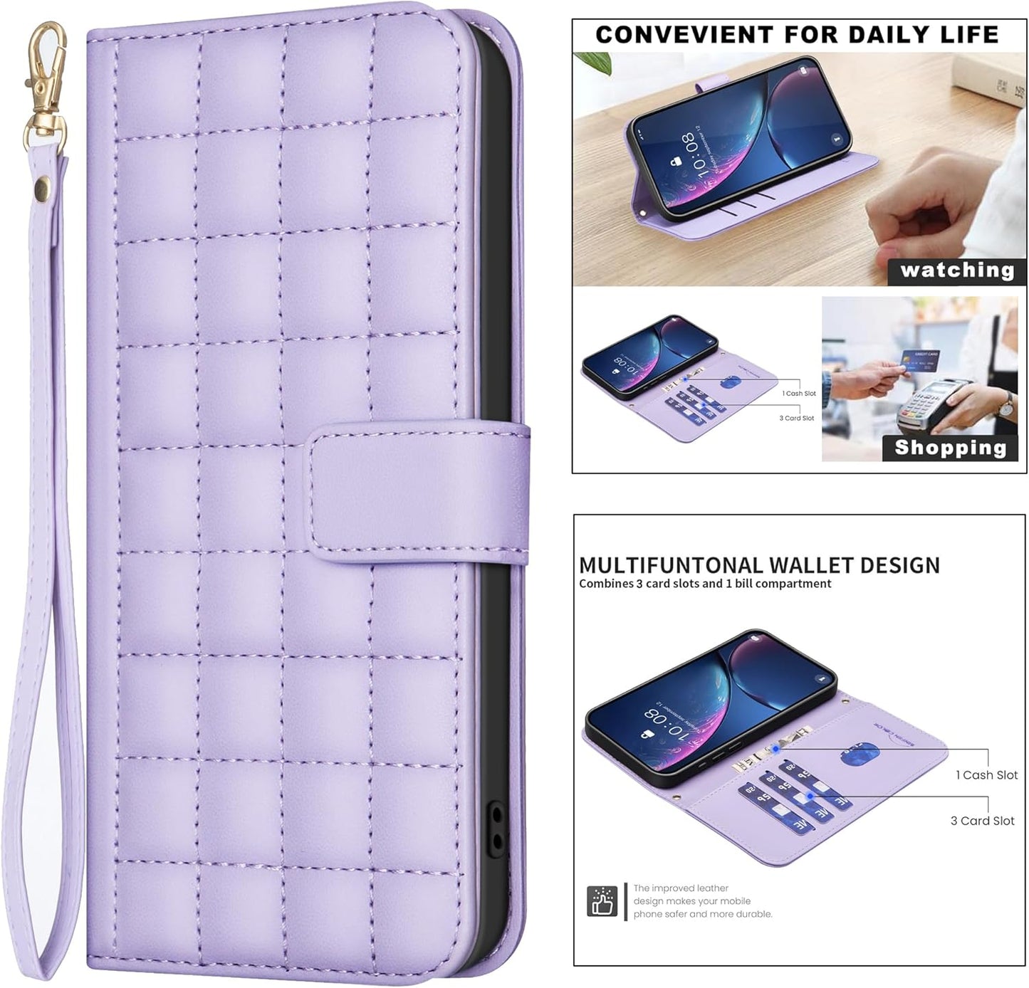 Plaid Wallet Phone Case for iPhone 16E, Wallet Phone Case, Flip Stand, Credit Card Slot Wallet With wrist strap Green