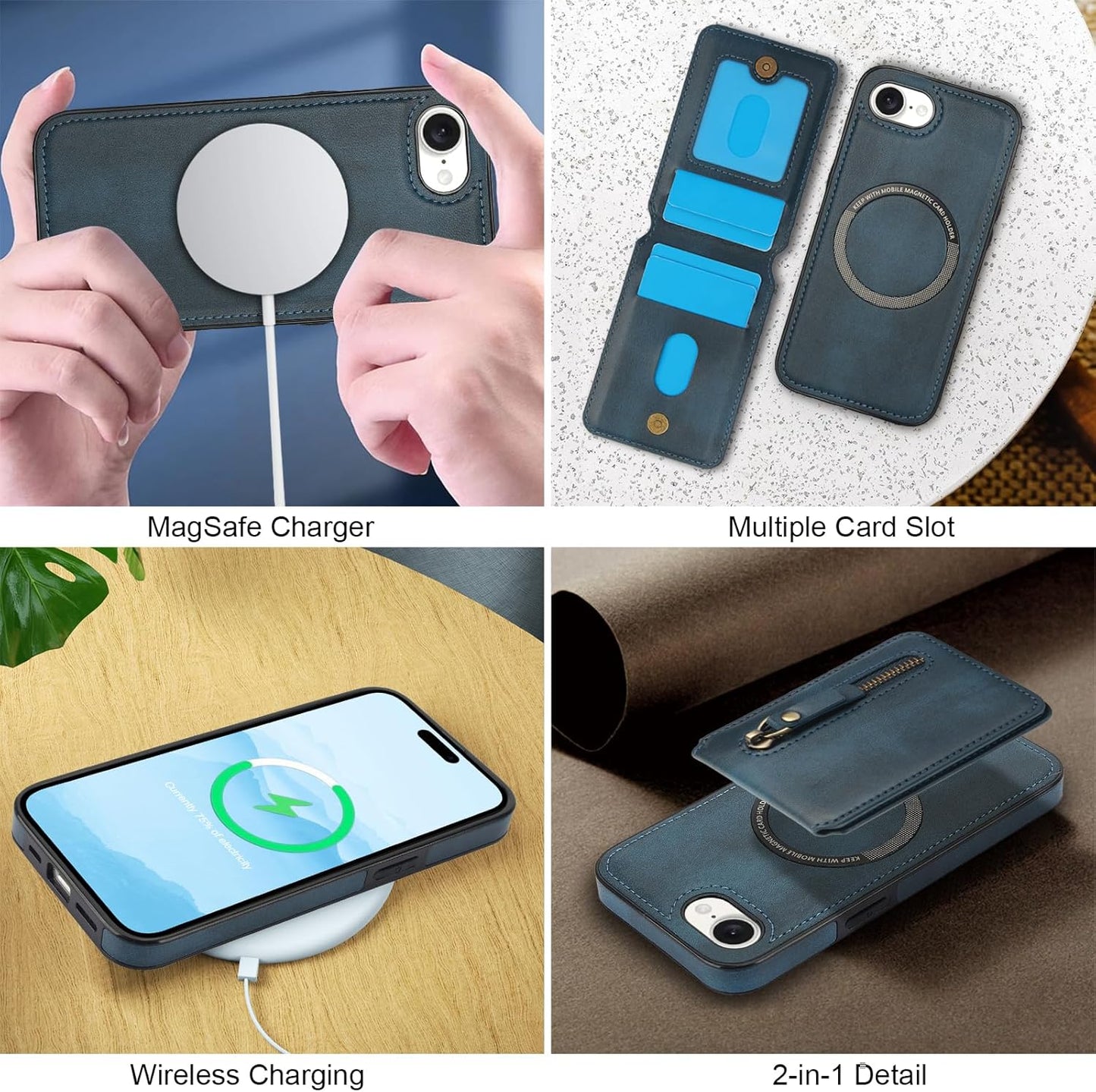 Magnetic card holder phone case suitable for iPhone 16E, zipper magnetic split magnetic wallet with adjustable bracket