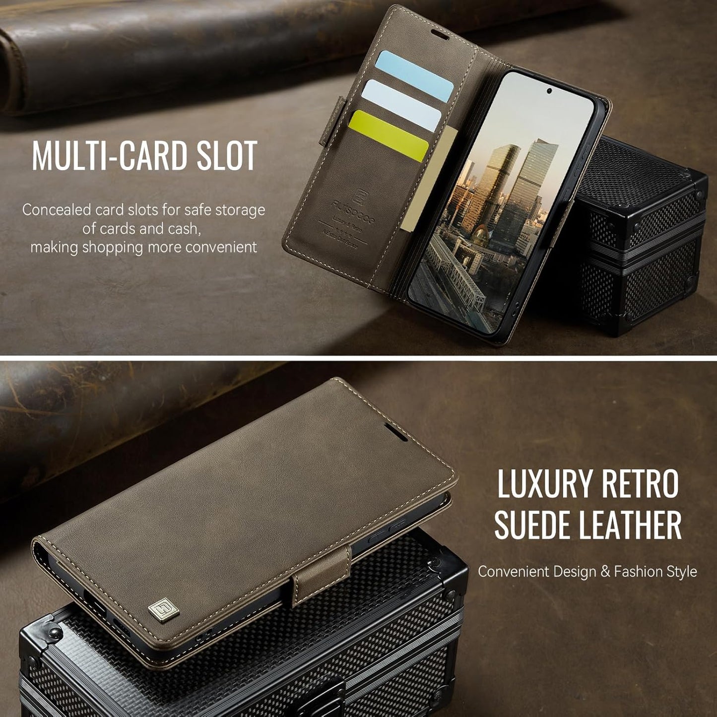 iTape Soft leather wallet case for Samsung Galaxy S24 Ultra, RFID (anti-theft), wallet card slot flip cover stand for Samsung Galaxy S24 Ultra Support wireless charging Brown