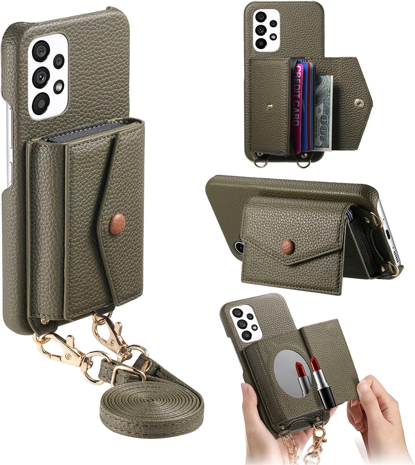 iTape Card Holder Wallet Phone Case for Samsung Galaxy A53 5G, Shockproof Ultra-thin Phone Case, Makeup Mirror with Crossbody Strap Gray