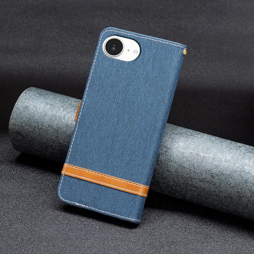 Colorblock Denim Wallet Phone Case for iPhone 16E, Wallet Phone Case Flip Stand, Credit Card Slot Wallet Wrist strap Green