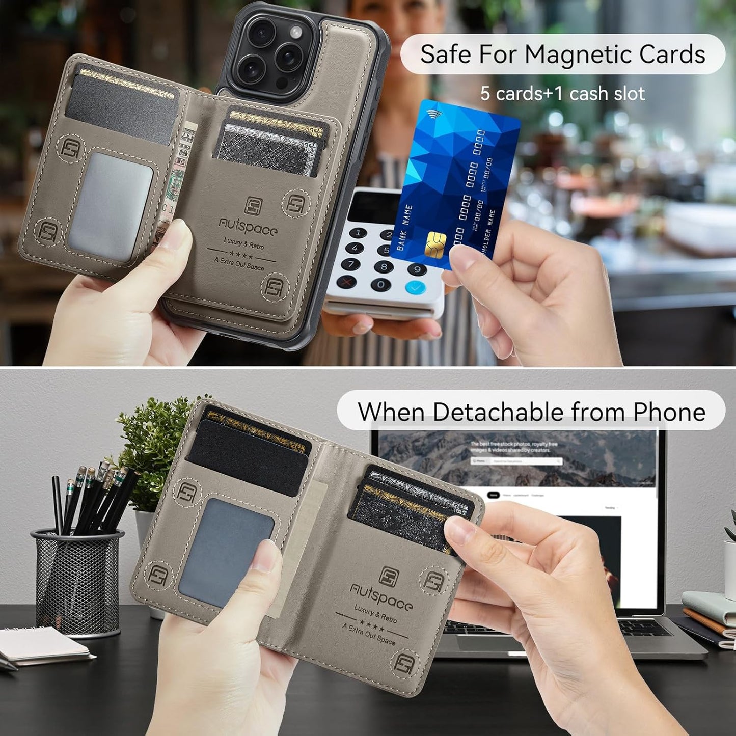Double magnetic card holder mobile phone case for iPhone 14 Pro max, RFID (anti-theft), supports car magnetic suction function + multi-directional bracket Gray
