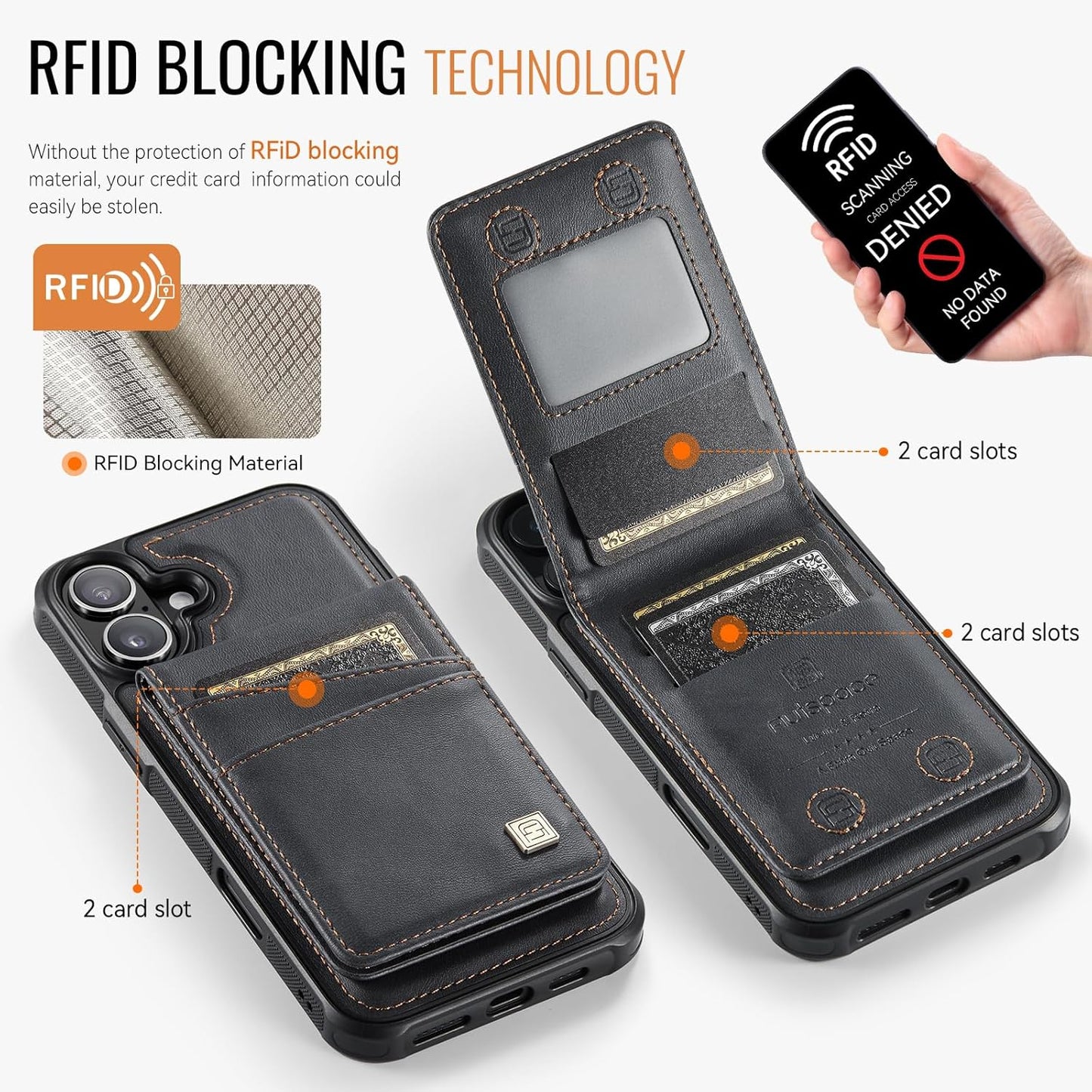 Up and down card holder mobile phone case suitable for iPhone 16 Plus, RFID (anti-theft), supports car magnetic suction function, card slot wallet holder Brown