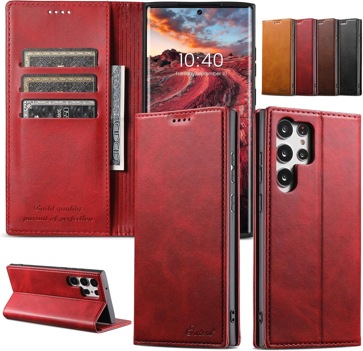 iTape Wallet phone case for Samsung Galaxy S24 Ultra, magnetic flip cover stand, leather phone case for Samsung Galaxy S24 Ultra Leather phone case Red