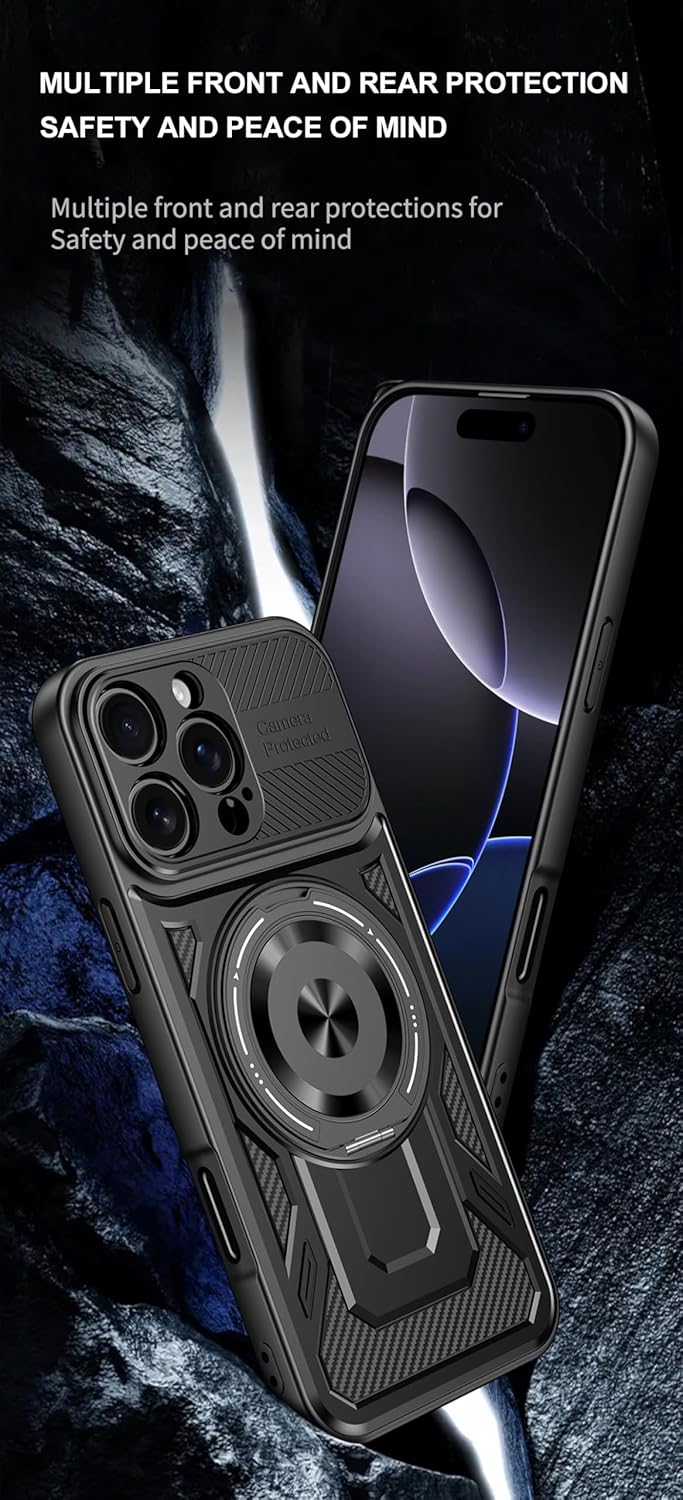 Hard Plated PC Armor Cover for iPhone 16 Pro max with 360° Rotating Metal Ring Strong Magnetic Car Mount Phone Case Support wireless charging Gray