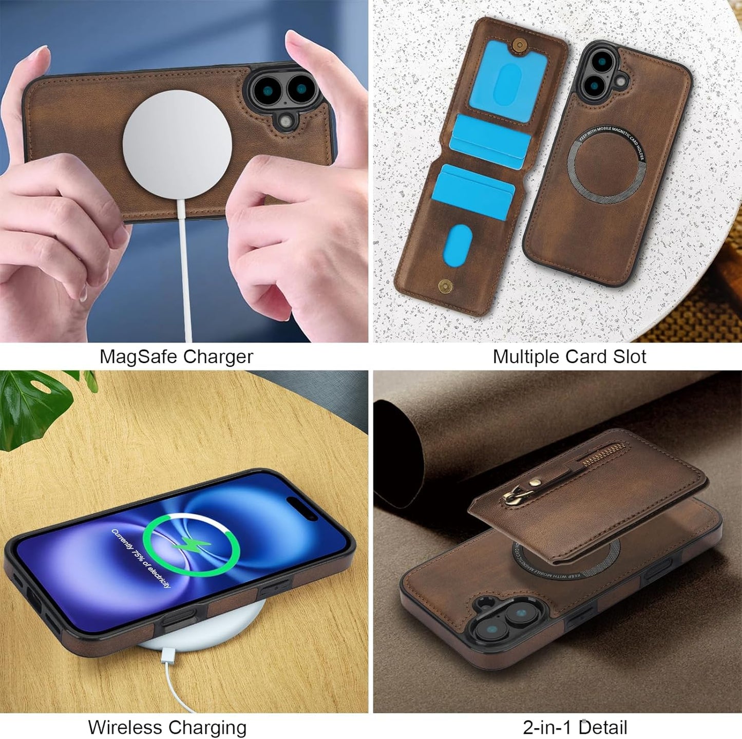 Magnetic card holder phone case suitable for iPhone 16, zipper magnetic split magnetic wallet with adjustable bracket Red