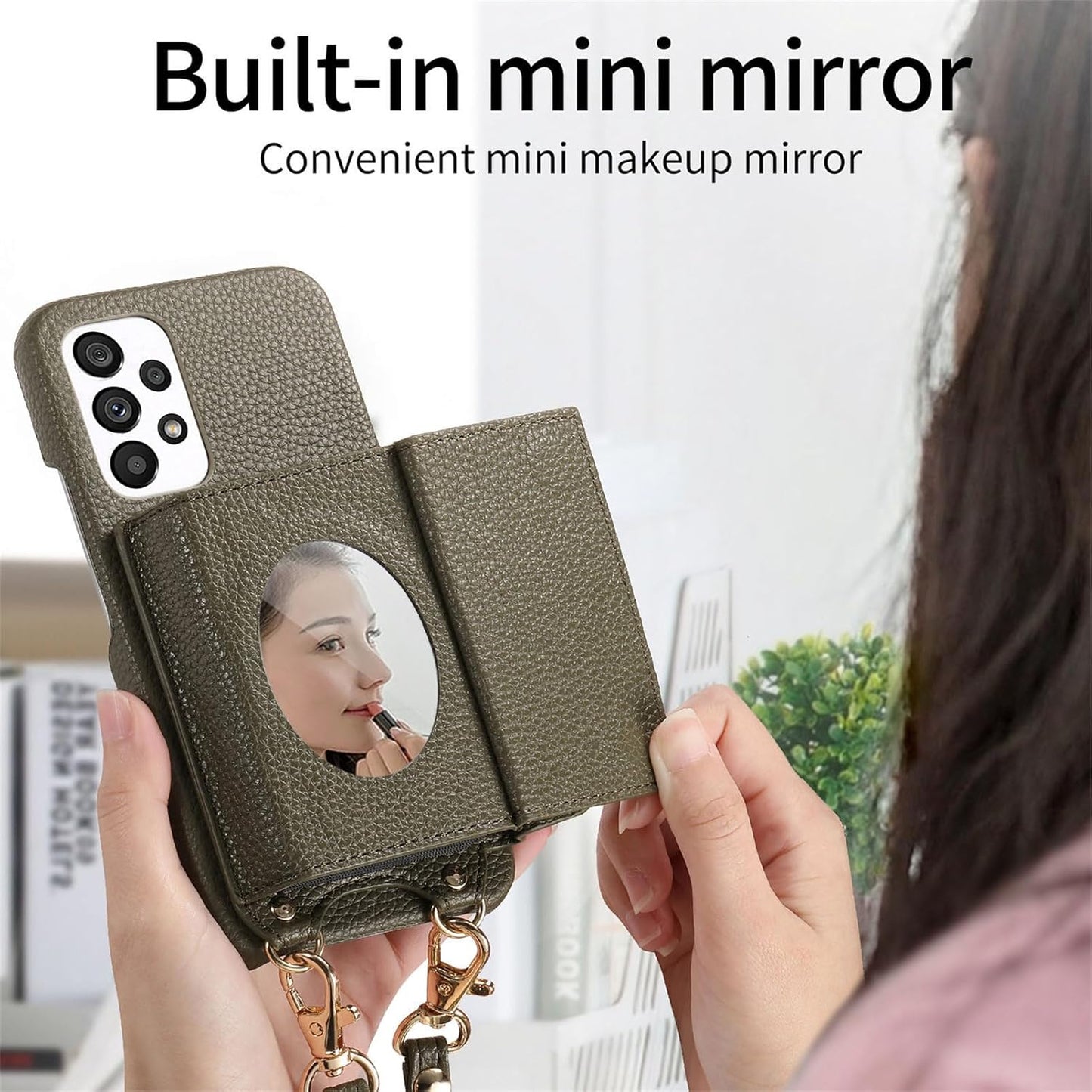 iTape Card Holder Wallet Phone Case for Samsung Galaxy A53 5G, Shockproof Ultra-thin Phone Case, Makeup Mirror with Crossbody Strap Gray