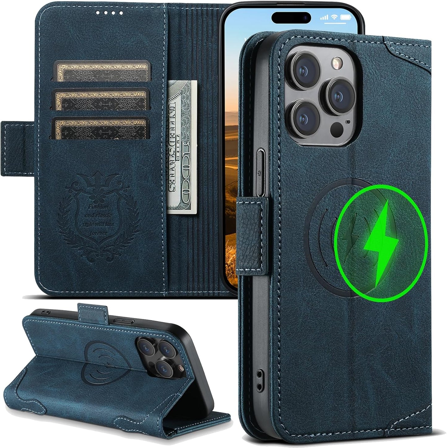 Wallet Case for iPhone 13 Pro Magsafe Charger Compatible, Magnetic Buckle Leather Case, Card Slot Stand Shock Cover Black