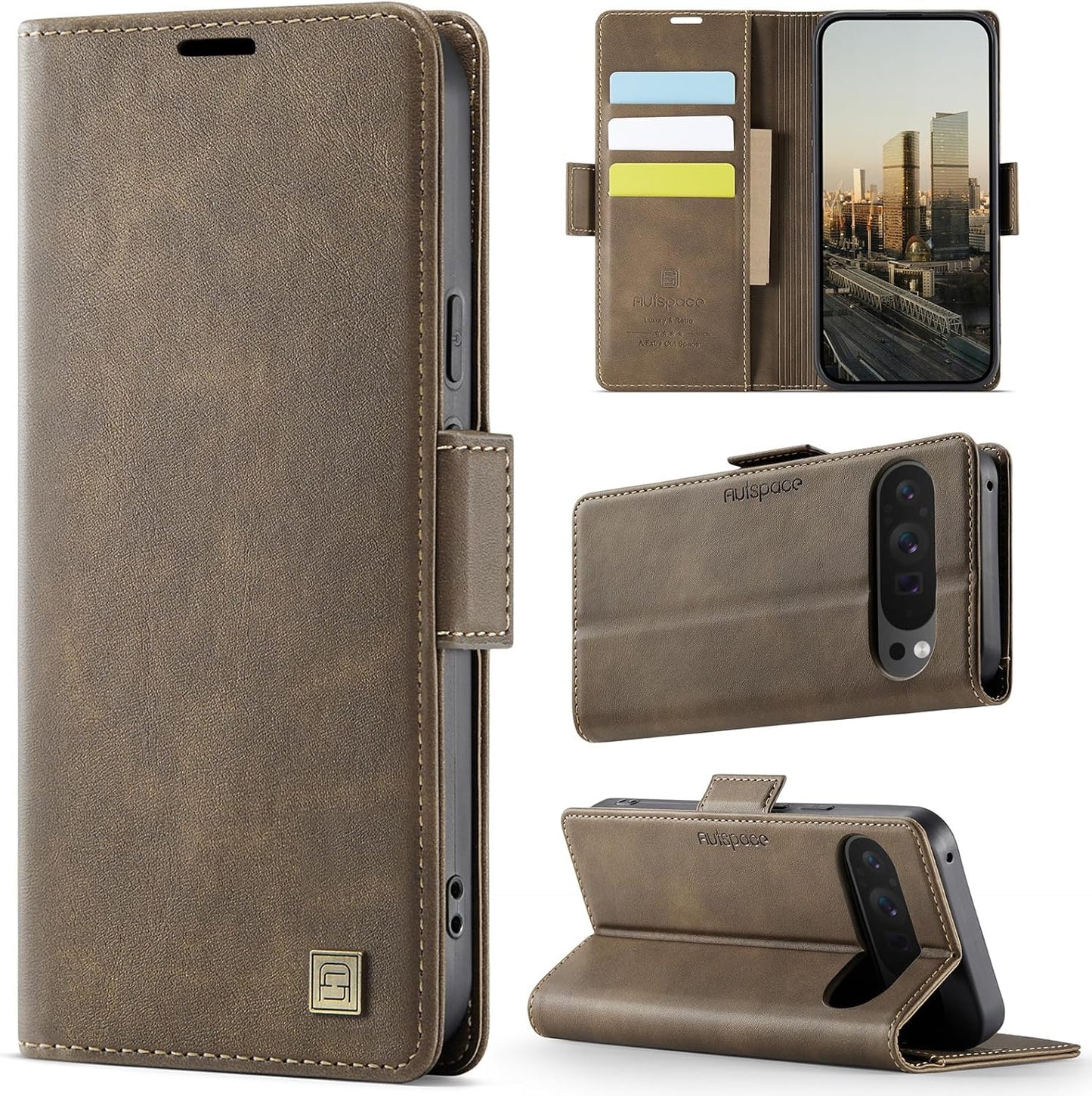 iTape Soft leather wallet case for Google Pixel 9Pro, RFID (anti-theft), wallet card slot flip cover stand for Google Pixel 9Pro Support wireless charging Brown