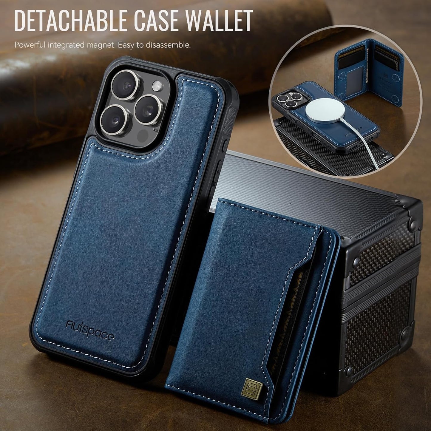 Double magnetic card holder mobile phone case for iPhone 16 Pro, RFID (anti-theft), supports car magnetic suction function + multi-directional bracket Blue