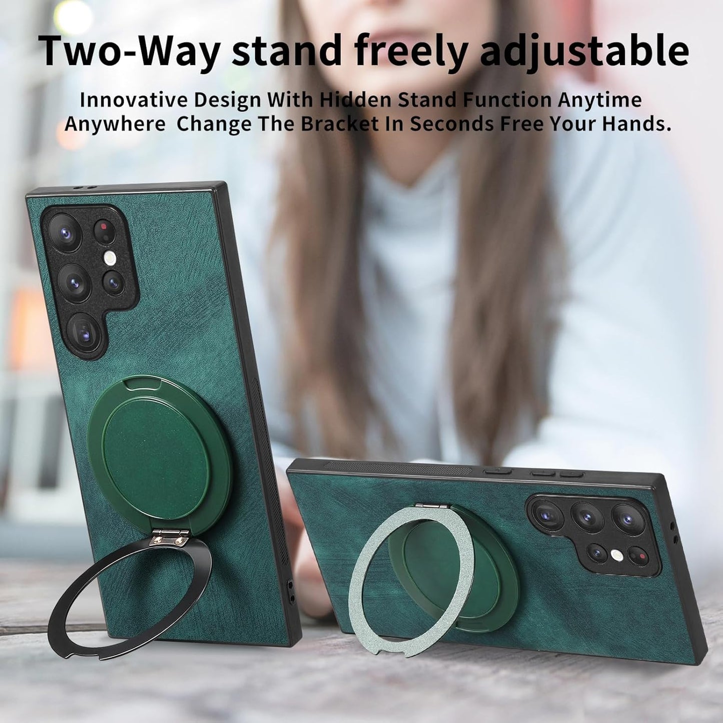 iTape Retro magnetic mobile phone case for Samsung Galaxy S25 Ultra, wireless charging magnetic car mount, round ring 360% rotating mount Green
