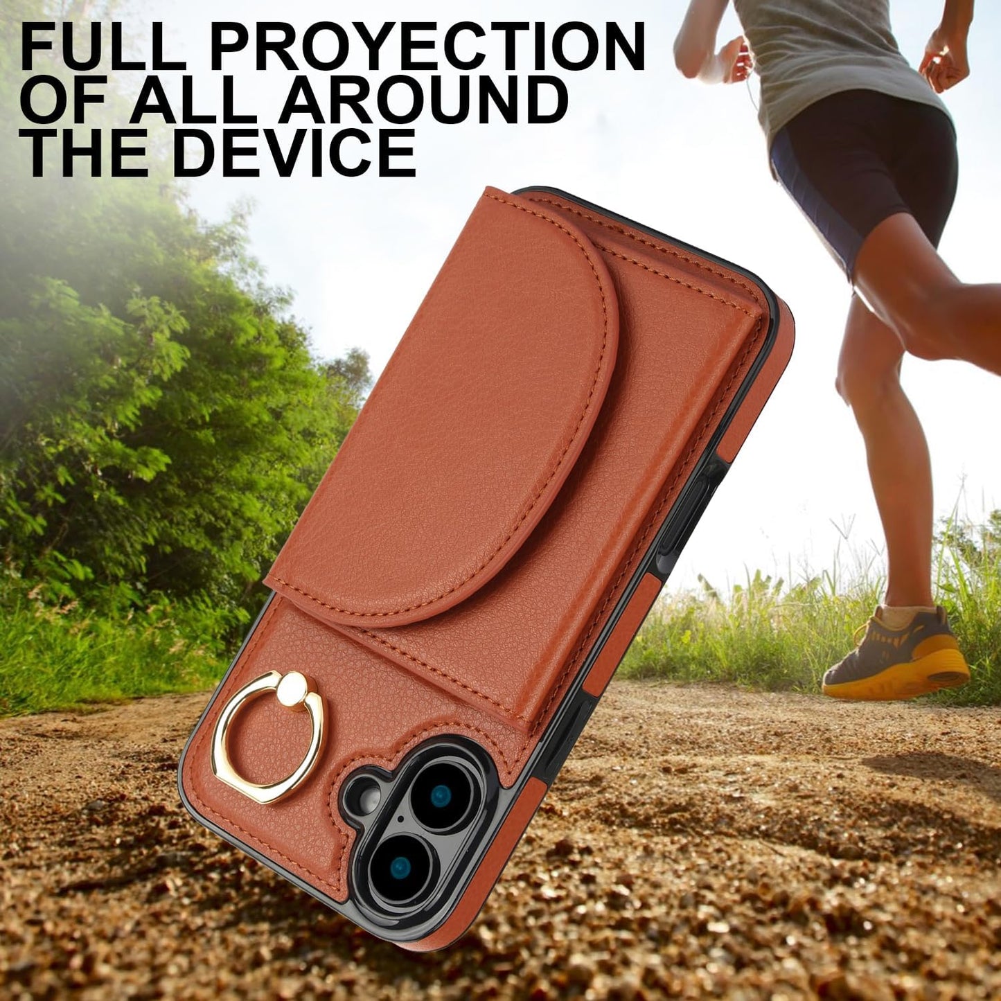 Tri-fold wallet case for iPhone 16 Plus, 360° rotating ring buckle stand, shockproof phone case coin purse card holder Black