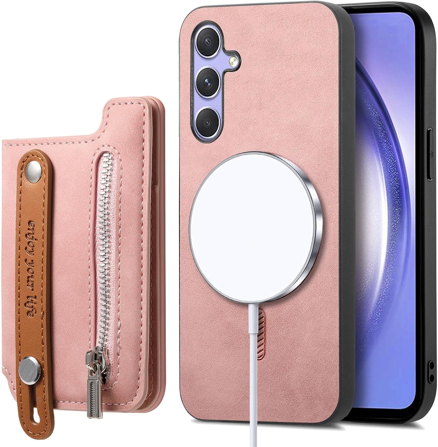 iTape Retro magnetic mobile phone case for Samsung Galaxy S25+, wireless charging magnetic car mount, Card slot, card holder, wrist strap bracket RFID anti-theft card Orange