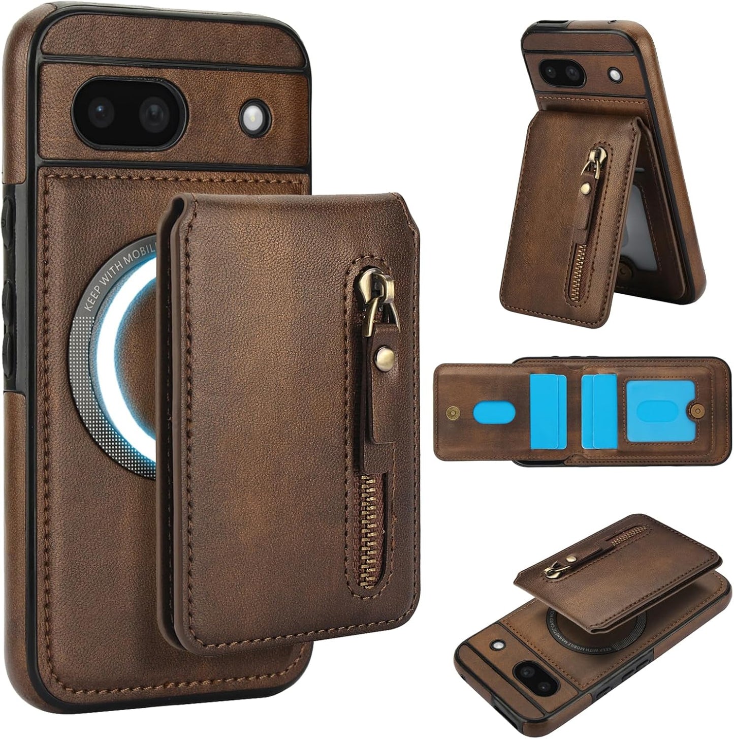 iTape Magnetic card holder phone case suitable for Google Pixel 8A, zipper magnetic split magnetic wallet with adjustable bracket Black