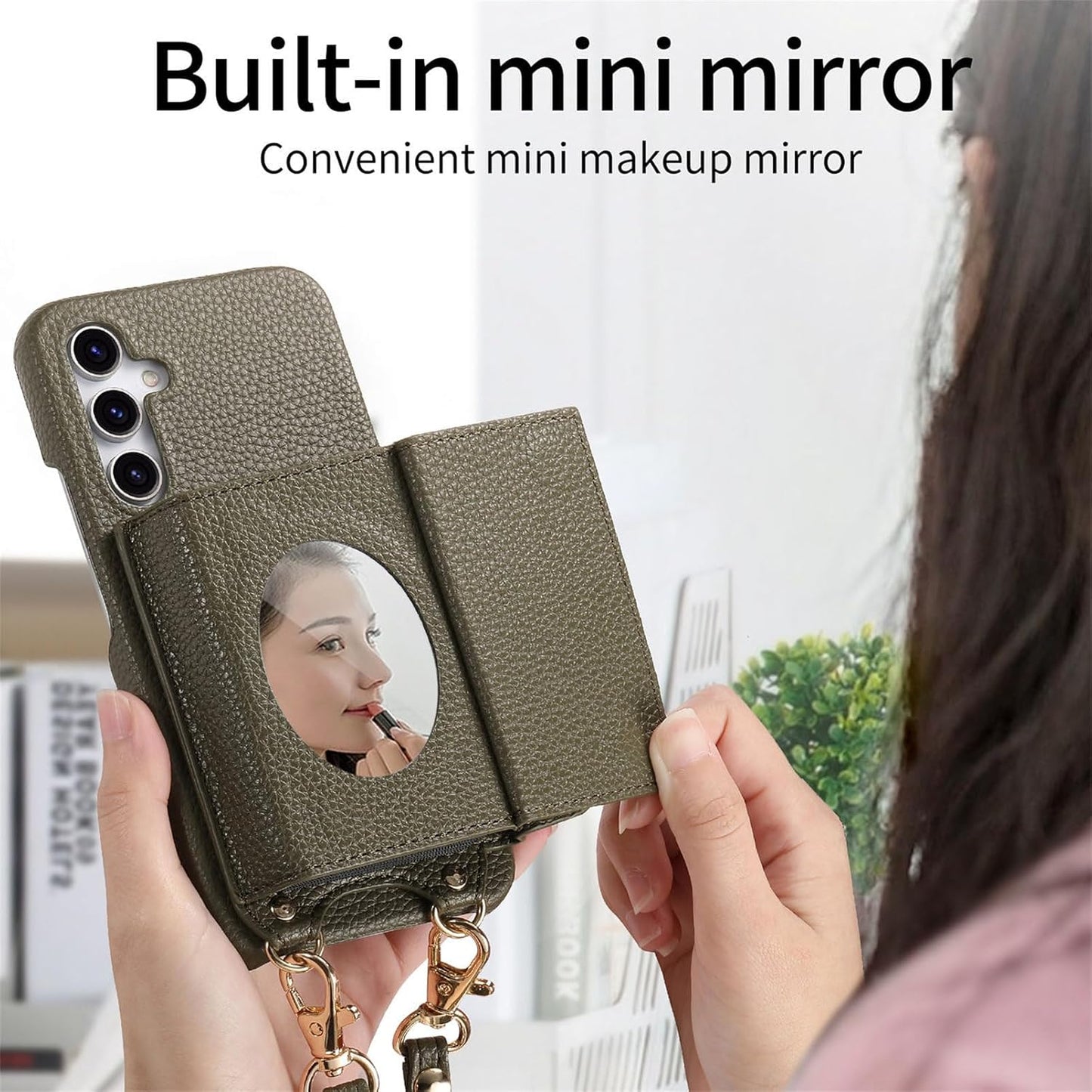iTape Card Holder Wallet Phone Case for Samsung Galaxy A55, Shockproof Ultra-thin Phone Case, Makeup Mirror with Crossbody Strap Pink