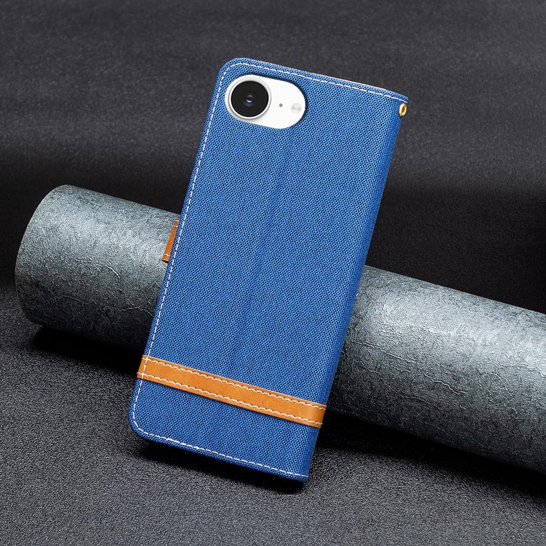 Colorblock Denim Wallet Phone Case for iPhone 16E, Wallet Phone Case Flip Stand, Credit Card Slot Wallet Wrist strap Green