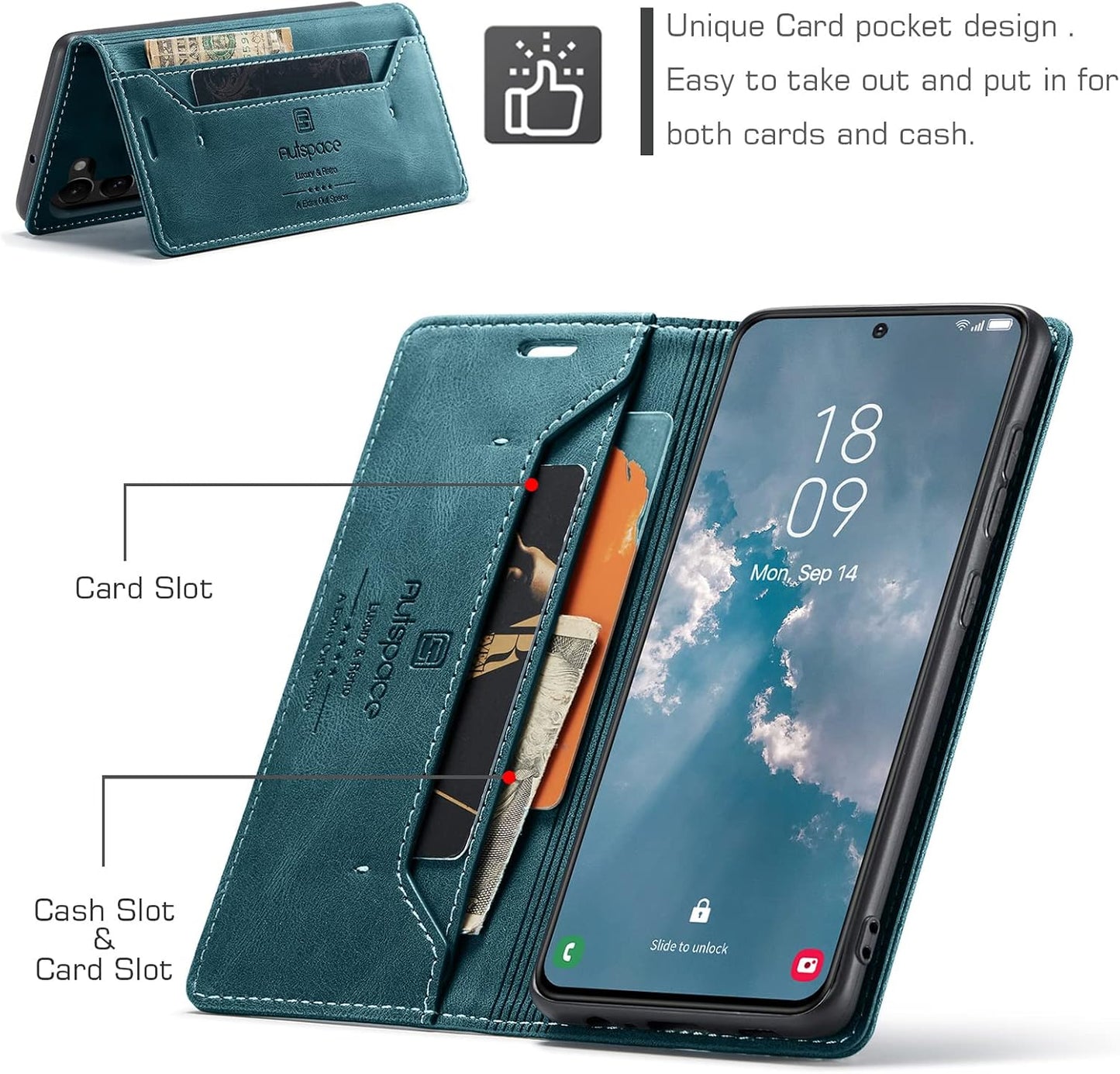 iTape Retro frosted soft leather mobile phone case for Samsung Galaxy S24, RFID (anti-theft swipe), wallet card slot flip cover stand, Green