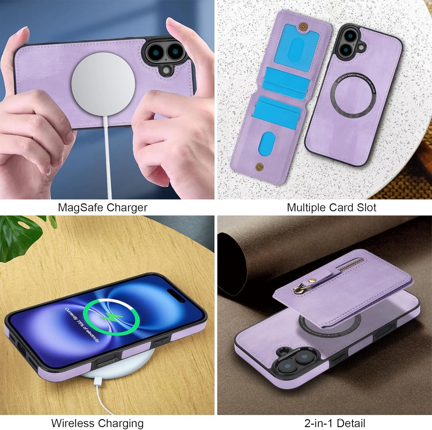 Magnetic card holder phone case suitable for iPhone 16, zipper magnetic split magnetic wallet with adjustable bracket Red