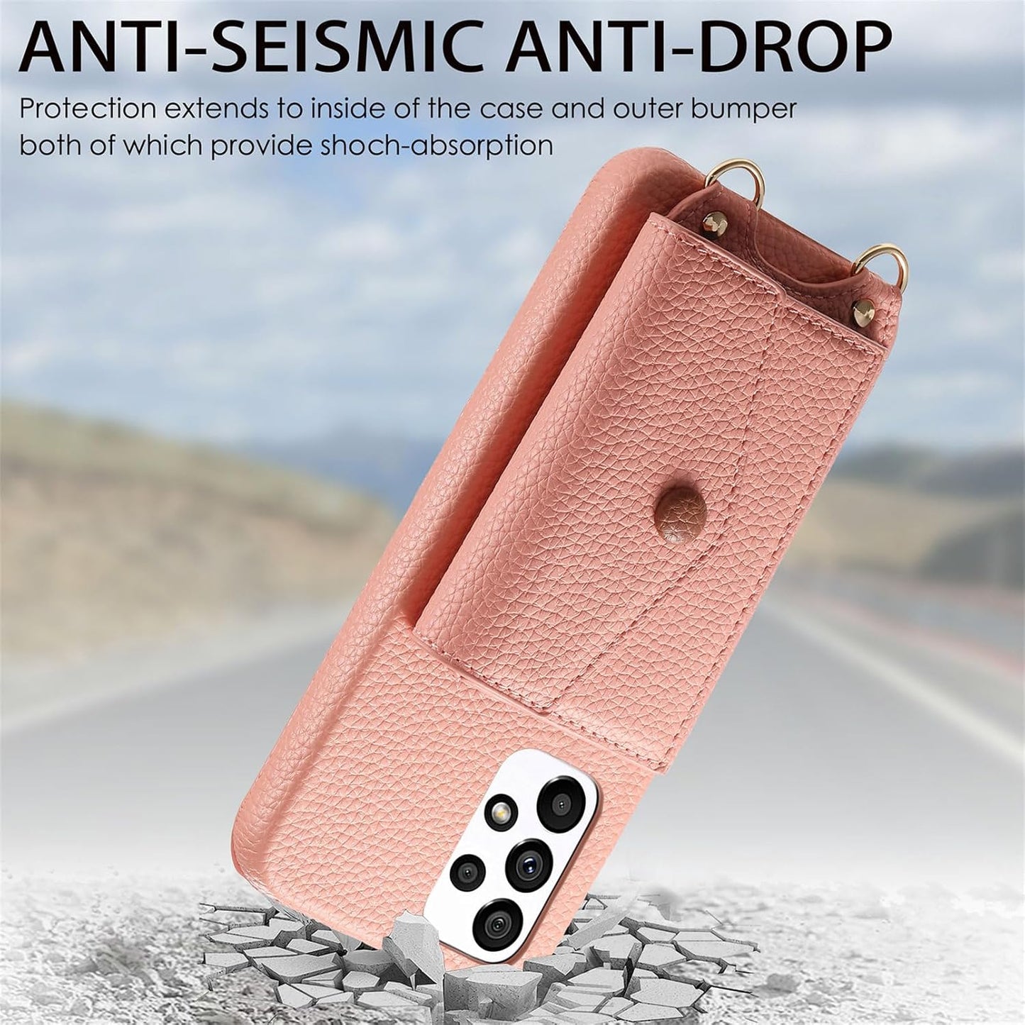 iTape Card Holder Wallet Phone Case for Samsung Galaxy A53 5G, Shockproof Ultra-thin Phone Case, Makeup Mirror with Crossbody Strap Gray