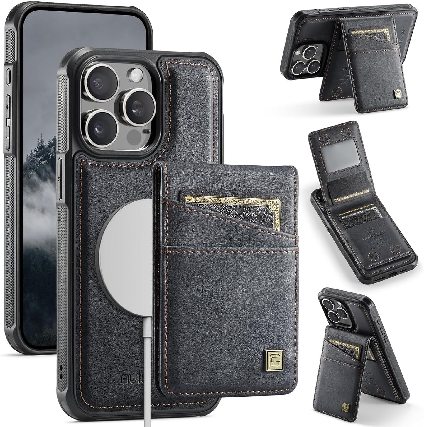 Up and down card holder mobile phone case suitable for iPhone 15 Pro max, RFID (anti-theft), supports car magnetic suction function, card slot wallet holder Black