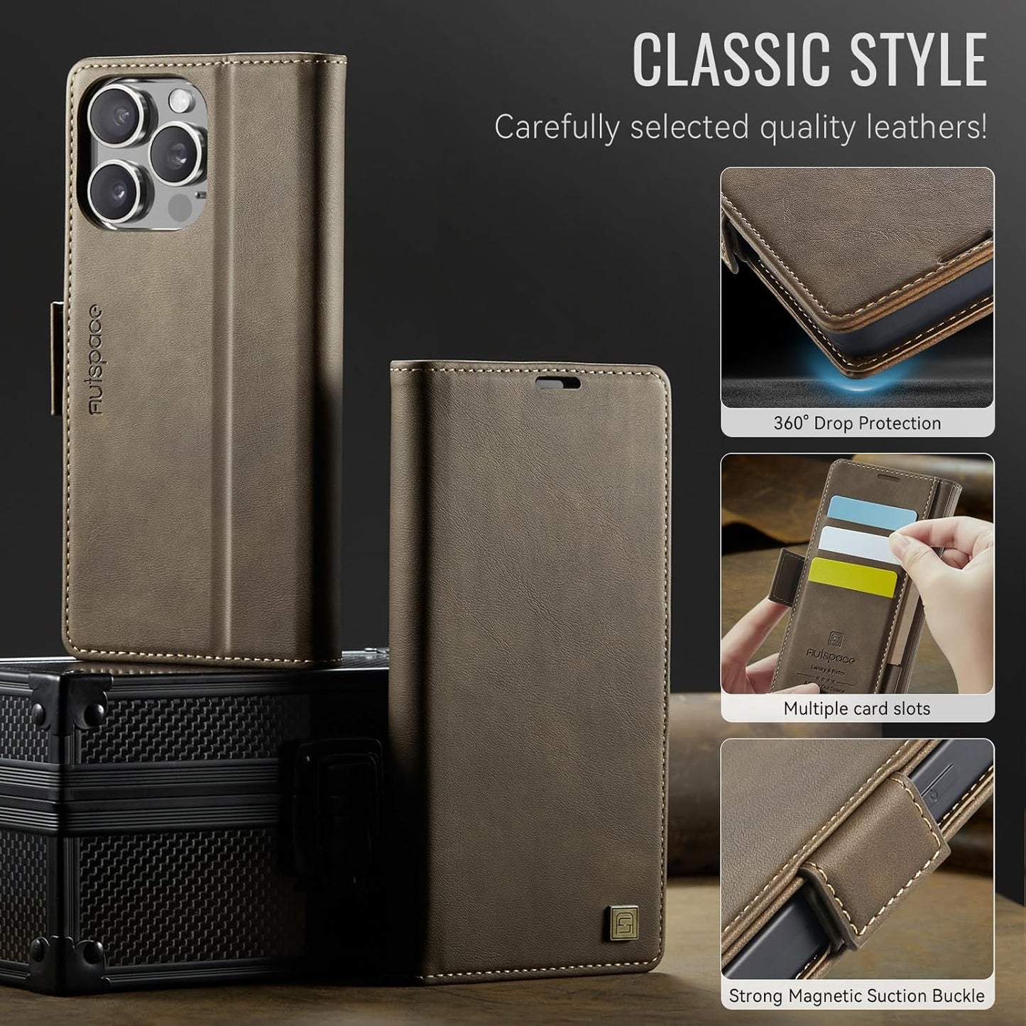 Soft leather wallet case for iPhone 15 Pro max, RFID (anti-theft), wallet card slot flip cover stand for iPhone 15 Pro max Support wireless charging Rose Gold