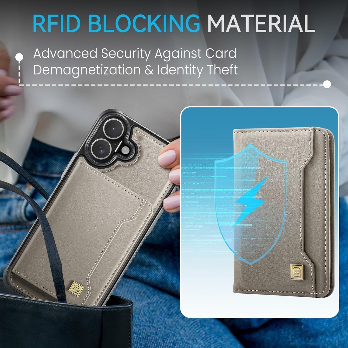 Double magnetic card holder mobile phone case for iPhone 16, RFID (anti-theft), supports car magnetic suction function + multi-directional bracket Blue