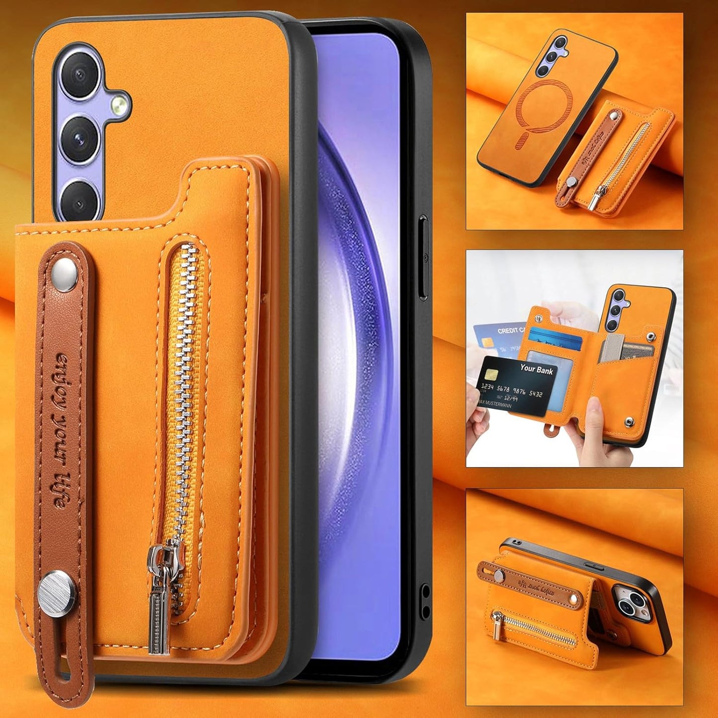 iTape Retro magnetic mobile phone case for Samsung Galaxy S25+, wireless charging magnetic car mount, Card slot, card holder, wrist strap bracket RFID anti-theft card Orange