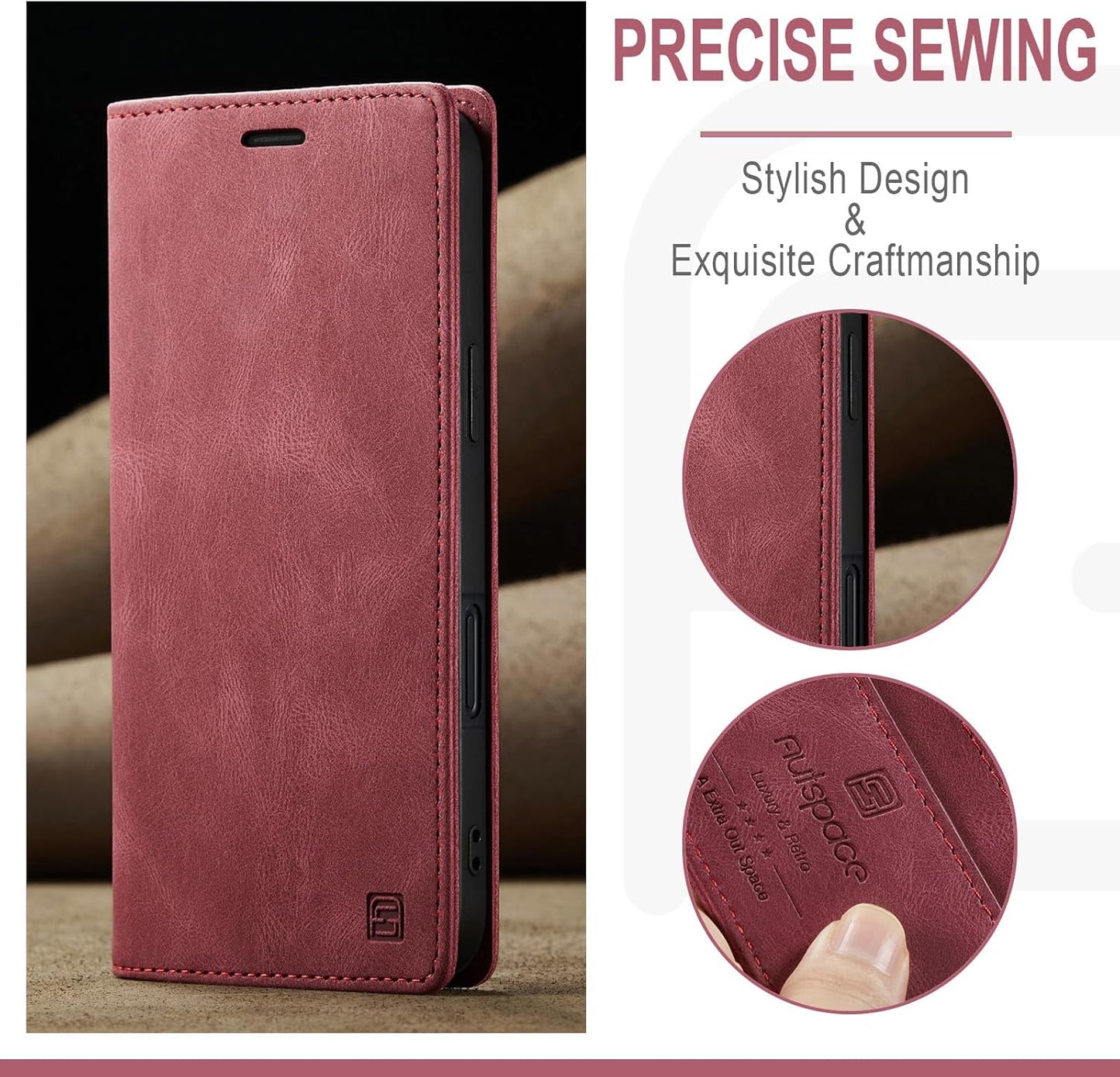 Retro frosted soft leather mobile phone case for iPhone 16, RFID (anti-theft swipe), wallet card slot flip cover stand, Red