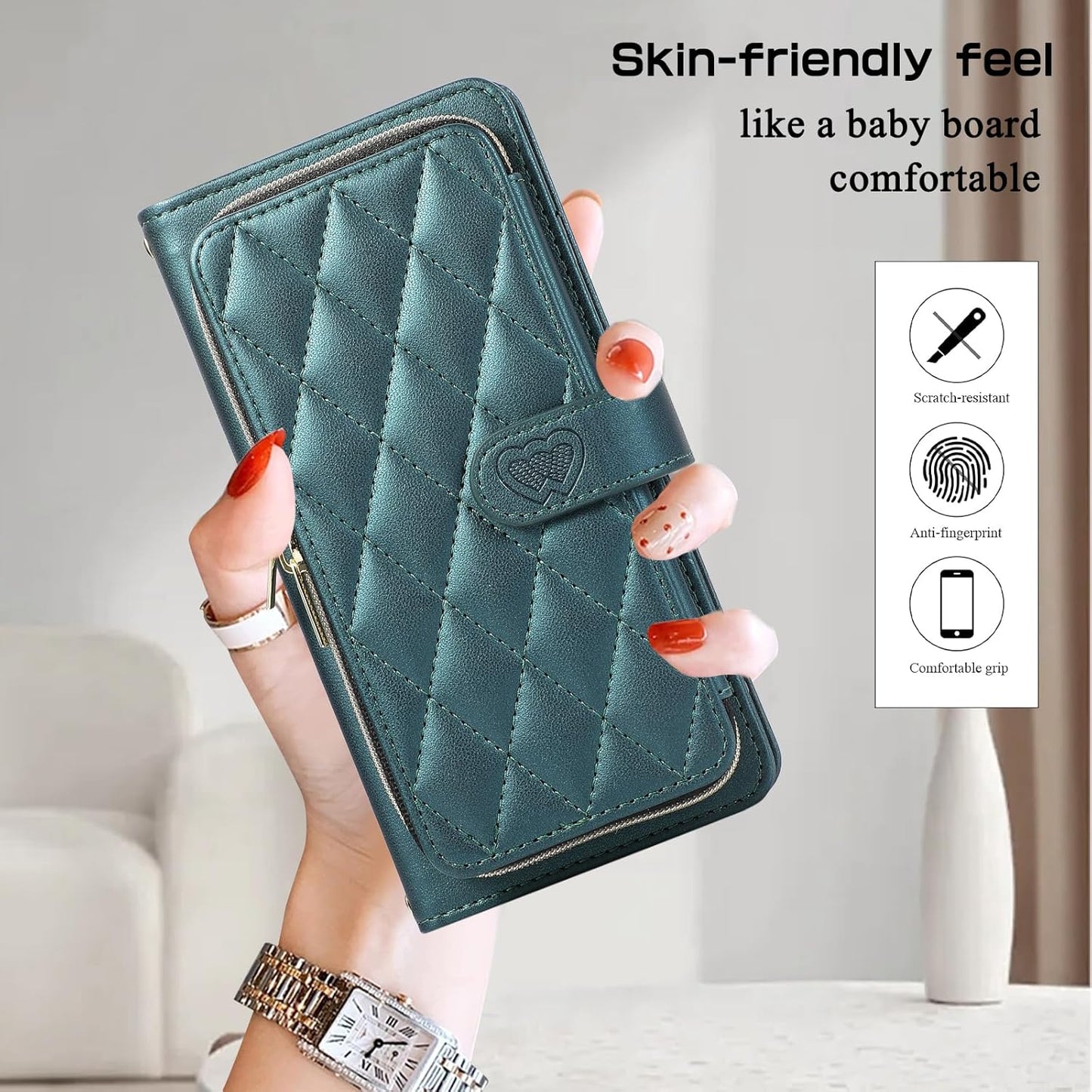 iTape Diamond Wallet Case for Google Pixel 8, Flip Leather Stand, Wrist Strap, Magnetic Closure, Shockproof Case Coin Purse Card Holder, Crossbody Strap Black