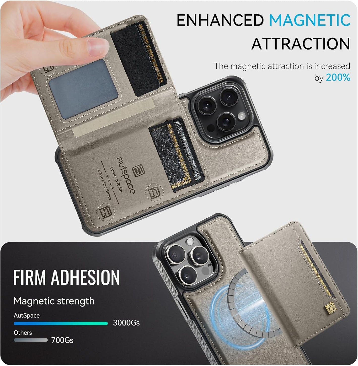 Double magnetic card holder mobile phone case for iPhone 14 Pro max, RFID (anti-theft), supports car magnetic suction function + multi-directional bracket Gray