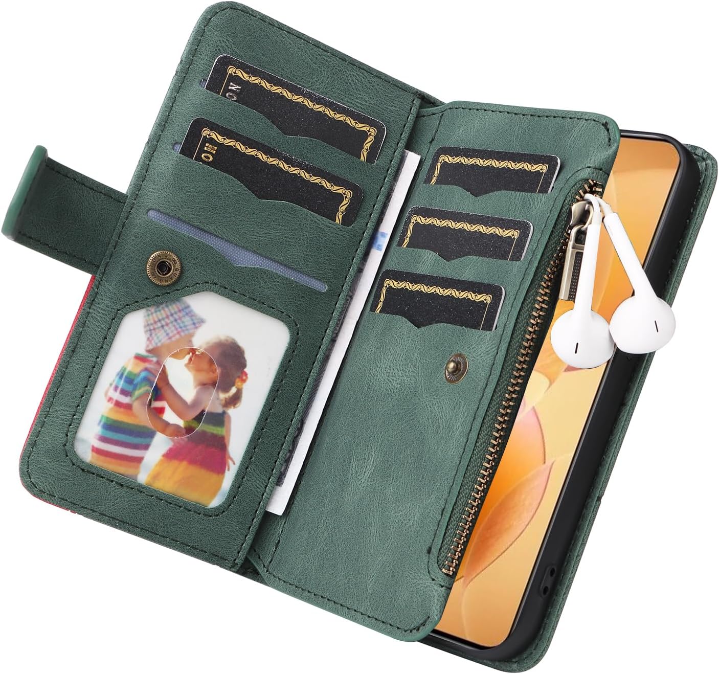 iTape 9 Card Slots Phone Case for Xiaomi POCO X6 PRO 5G, Zipper Wallet, Dual Color Stitching Color Flip Stand Card Slots Cash Clip Shockproof, Wrist Strap Black