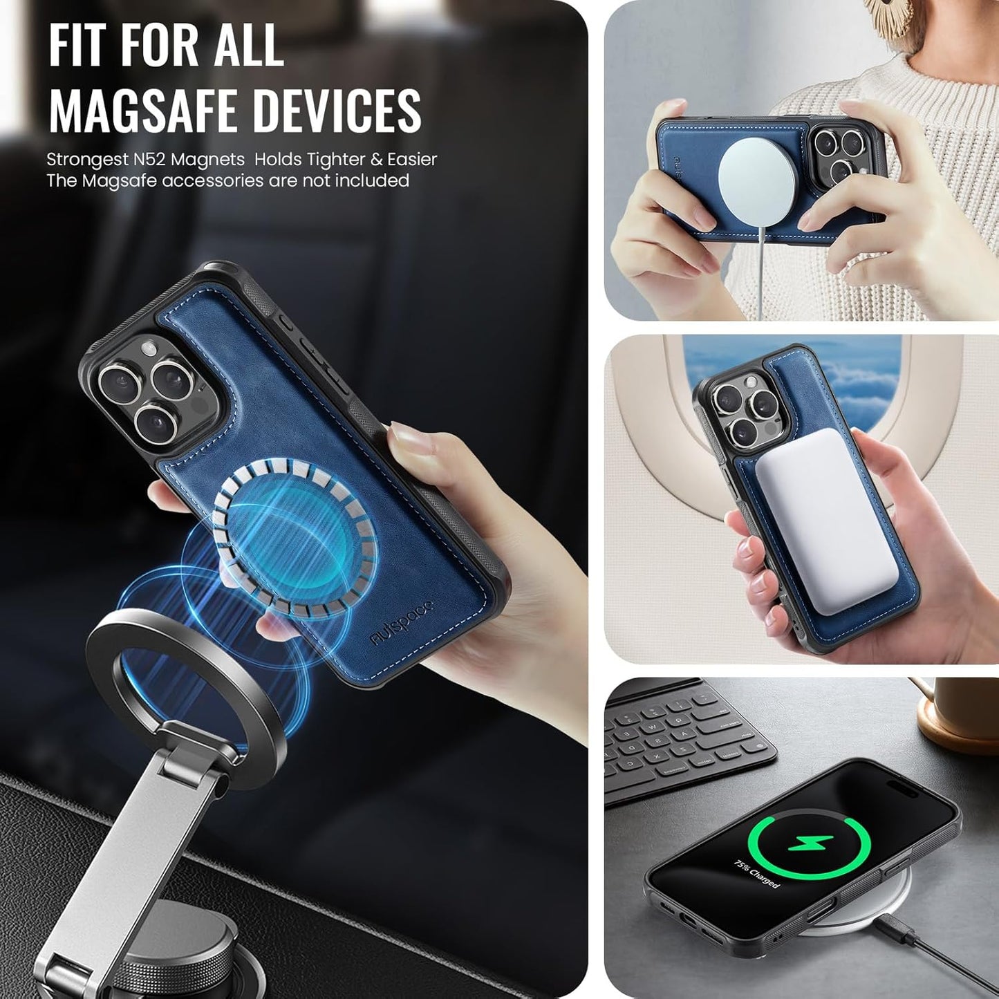 Double magnetic card holder mobile phone case for iPhone 16 Pro, RFID (anti-theft), supports car magnetic suction function + multi-directional bracket Blue