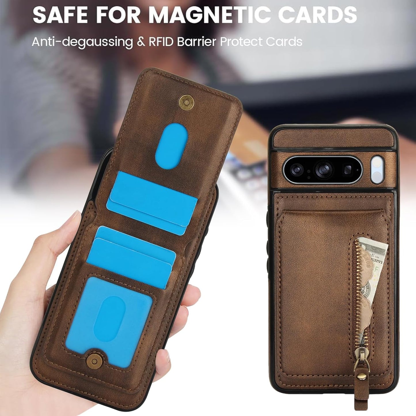 iTape Magnetic card holder phone case suitable for Google Pixel 8 Pro, zipper magnetic split magnetic wallet with adjustable bracket Brown