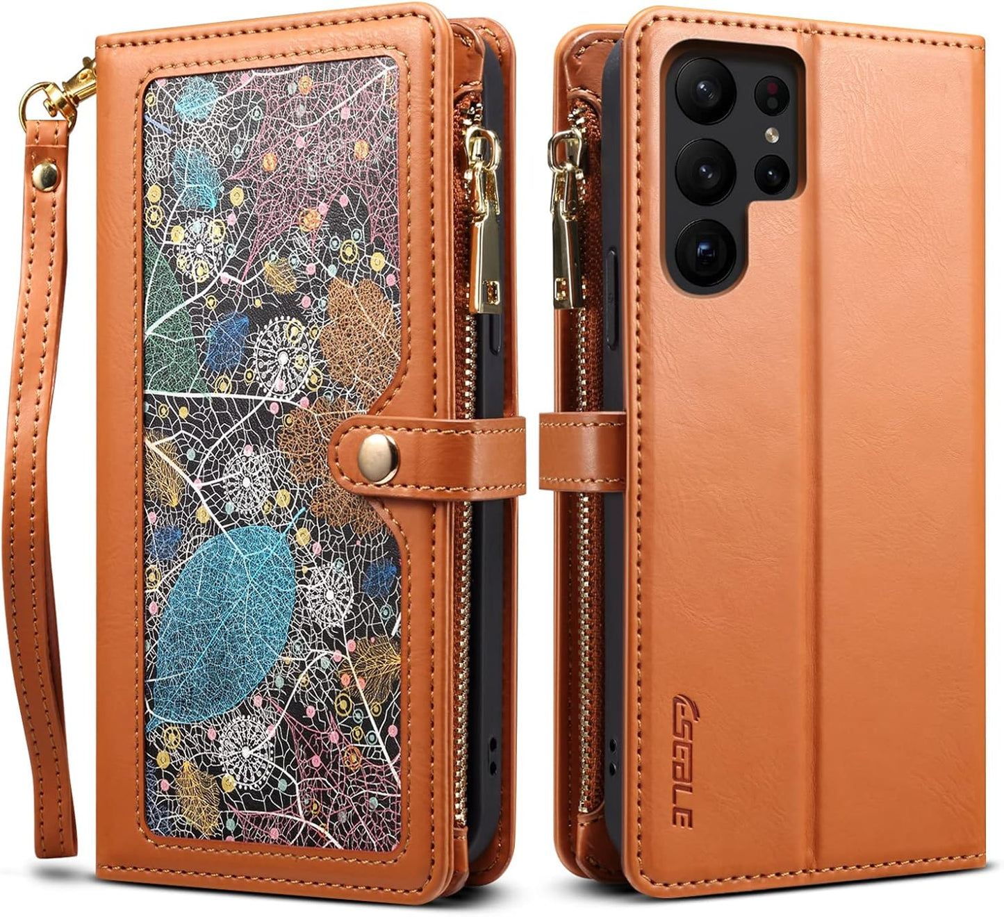 iTape Wallet case for Samsung Galaxy S24 Ultra, card slot photo frame flip stand phone protective case (RFID anti-theft brush) with wrist strap, cross-body strap Orange